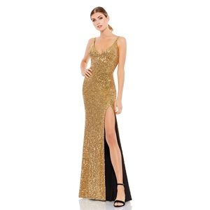 Mac Duggal EMBELLISHED METALLIC HIGH SLIT GOWN - Gold sequin dress - size 2